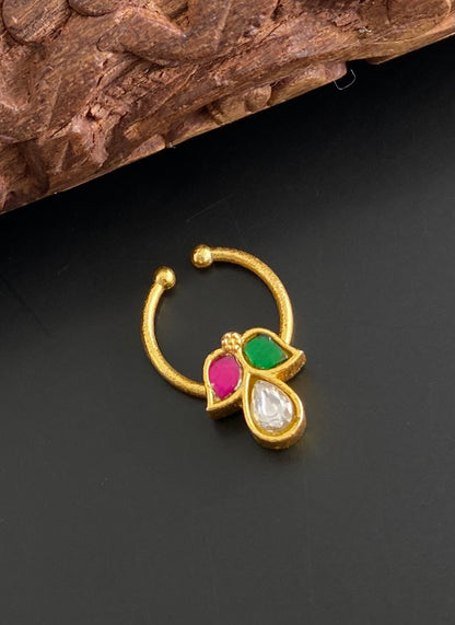 Gold tone kundan jadau pink-green-white stone nose pin/bulakku dj-53769