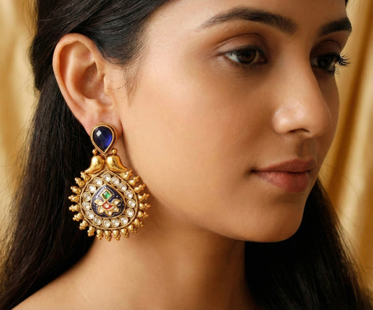 Antique gold tone blue meenakari earrings -dj17073