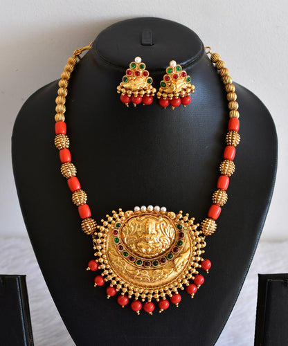 Matte finish coral beaded kemp-green lakshmi necklace set dj-52978