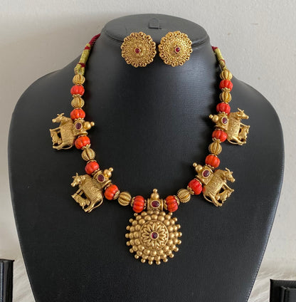 Antique gold tone coral pumpkin beaded kamadhenu necklace set dj-54957
