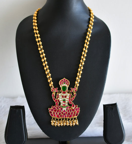 Gold tone pink-green kundan jadau Ma Lakshmi necklace dj-52579