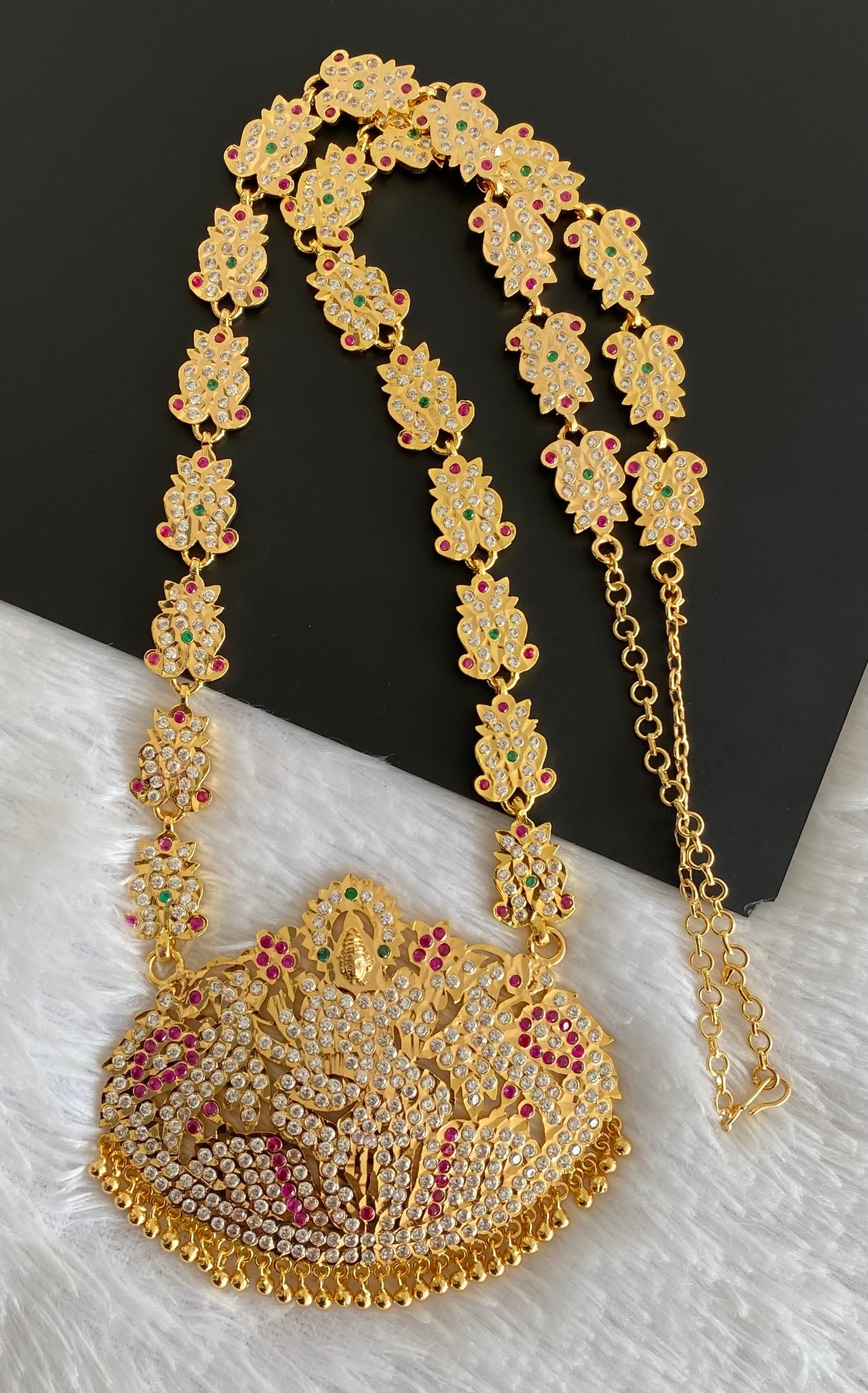 Gold tone south indian style grand AD pink-white-green peacock lakshmi haar dj-53256