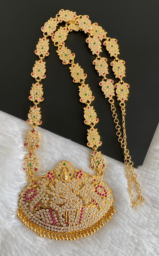 Gold tone south indian style grand AD pink-white-green peacock lakshmi haar dj-53256
