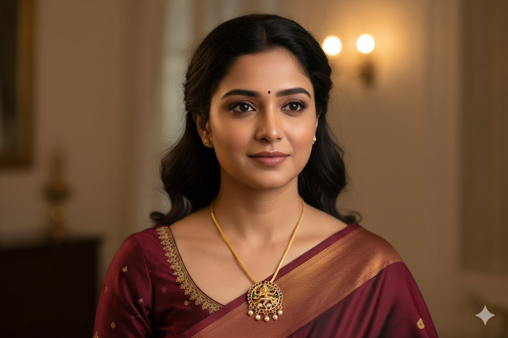 Gold tone precious kemp-green pearl Shri Natarajar necklace dj-52254