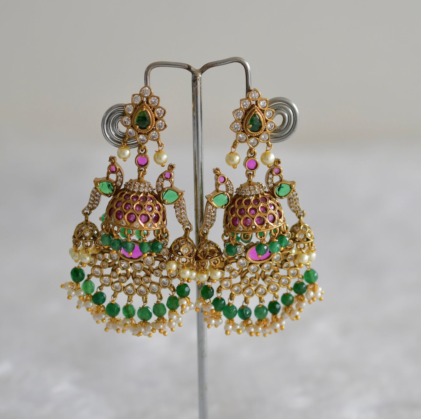 Antique gold tone kemp-green pearl bali peacock jhumkka dj-51865
