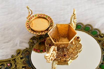 Antique gold tone kemp-green Ma Lakshmi kumkum box dj-52319