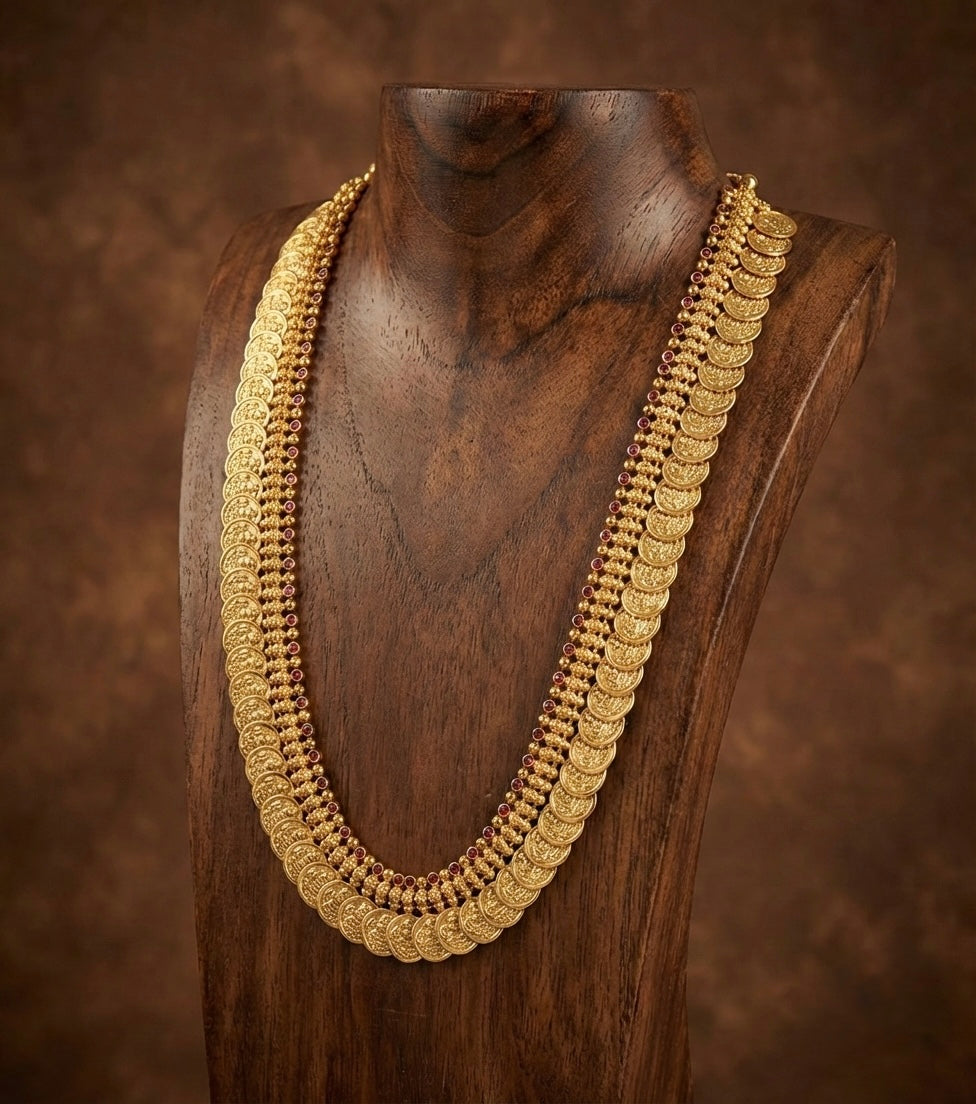 Gold look alike ad pink stone lakshmi coin haar dj-48523