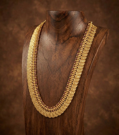 Gold look alike ad pink stone lakshmi coin haar dj-48523