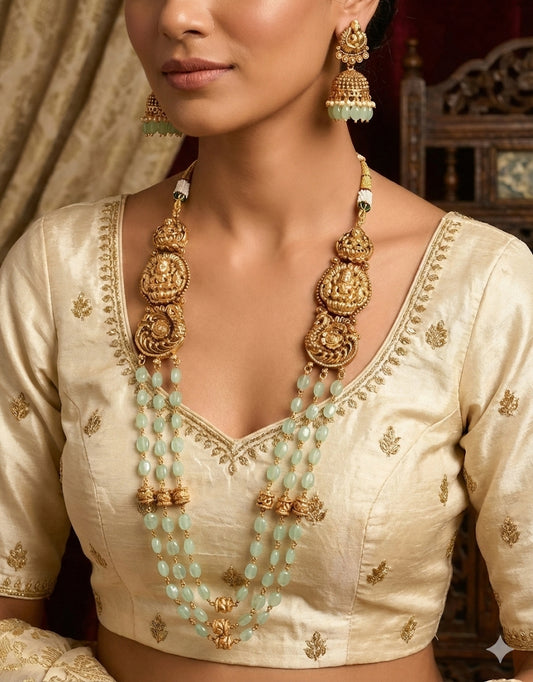 Antique gold tone sea green beaded lakshmi peacock multi layer haar set dj-52428