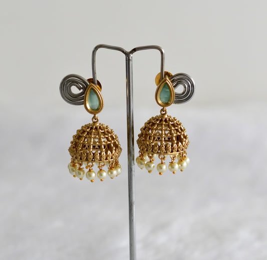 Antique gold tone sea green thilak stone pearl jhumkka dj-51855