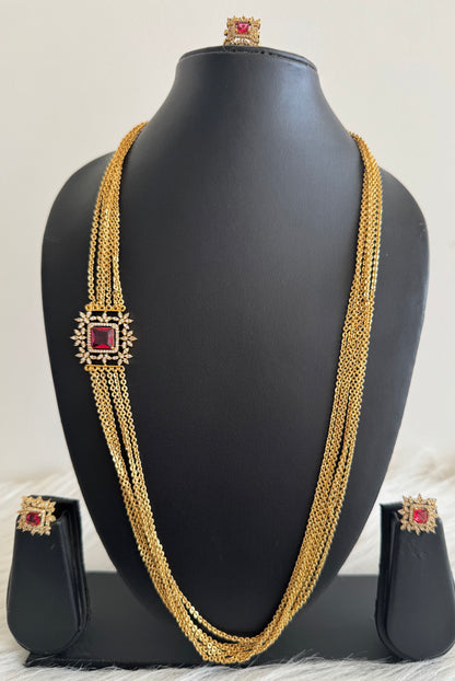 Matte finish cz red block stone mugappu chandra haar set dj-51244