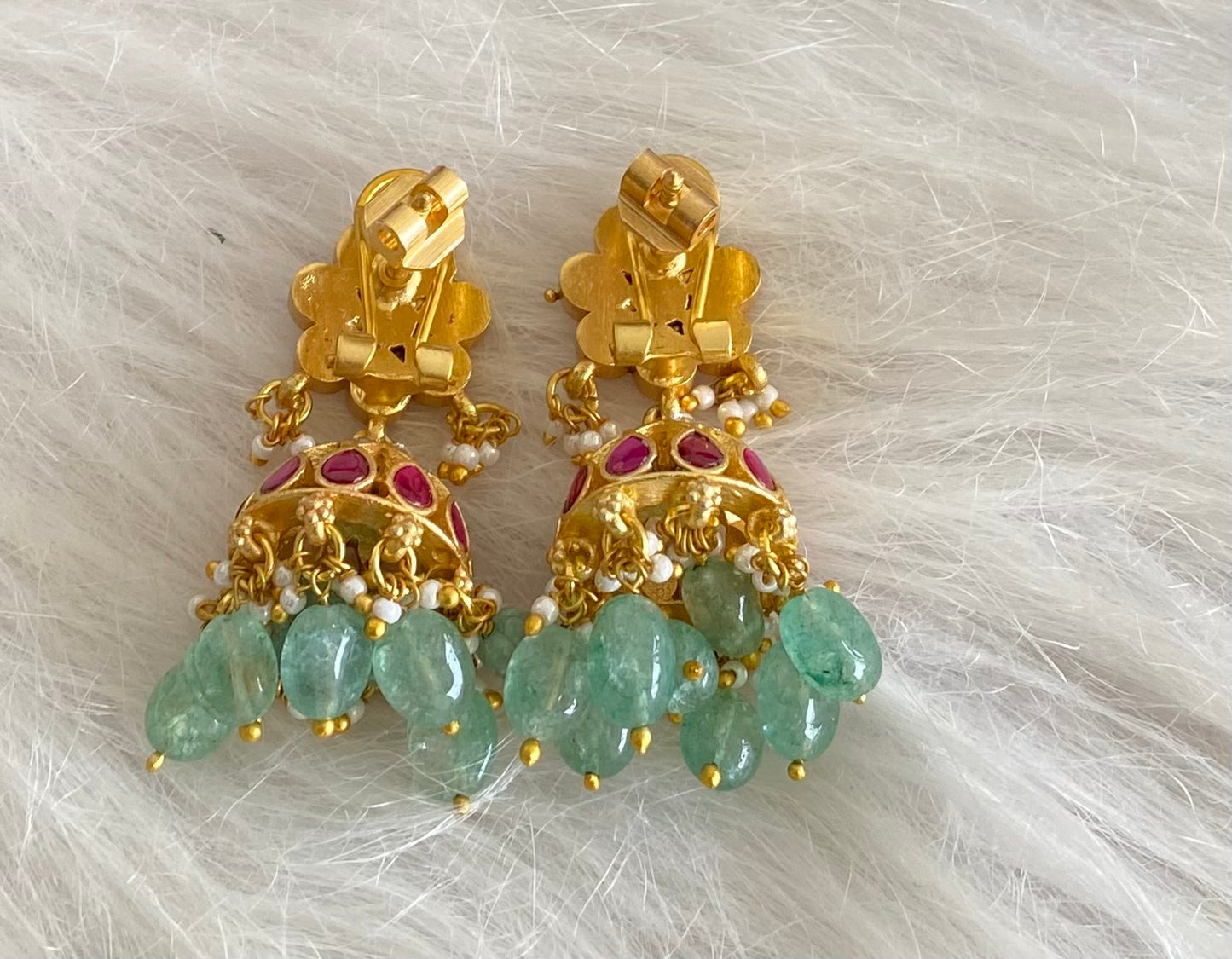 Gold tone kemp-white stone kundan jadau green beaded jhumkka dj-54613