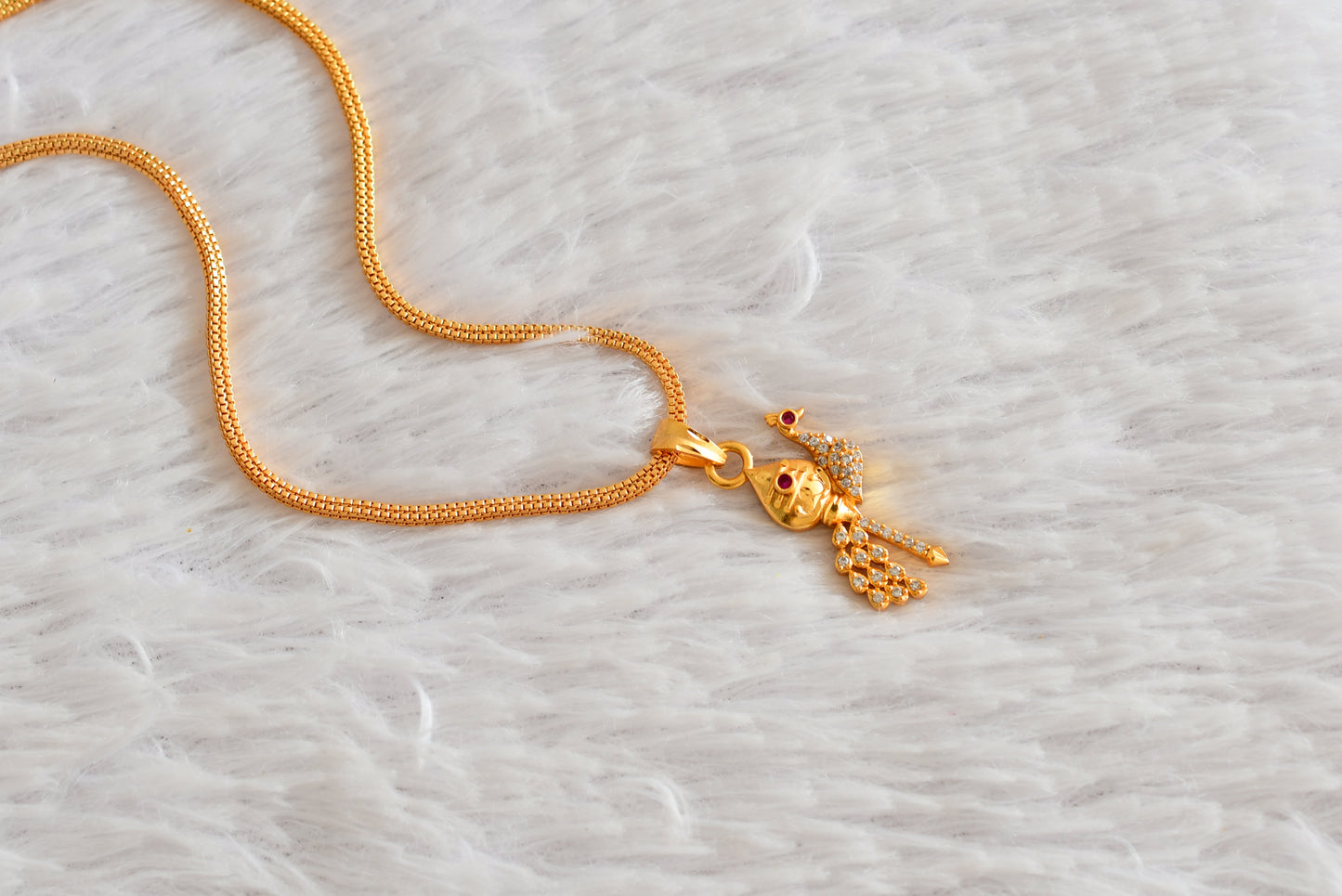 Gold tone 18 inches chain with pink-white stone vel-mayil pendant dj-51905