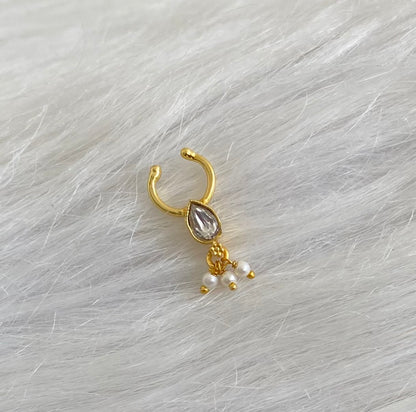 Gold tone white stone pearl nose pin/bulakku dj-53812