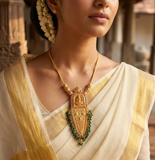 Gold tone kerala style pink stone green beaded nettipattam lakshmi necklace dj-54129