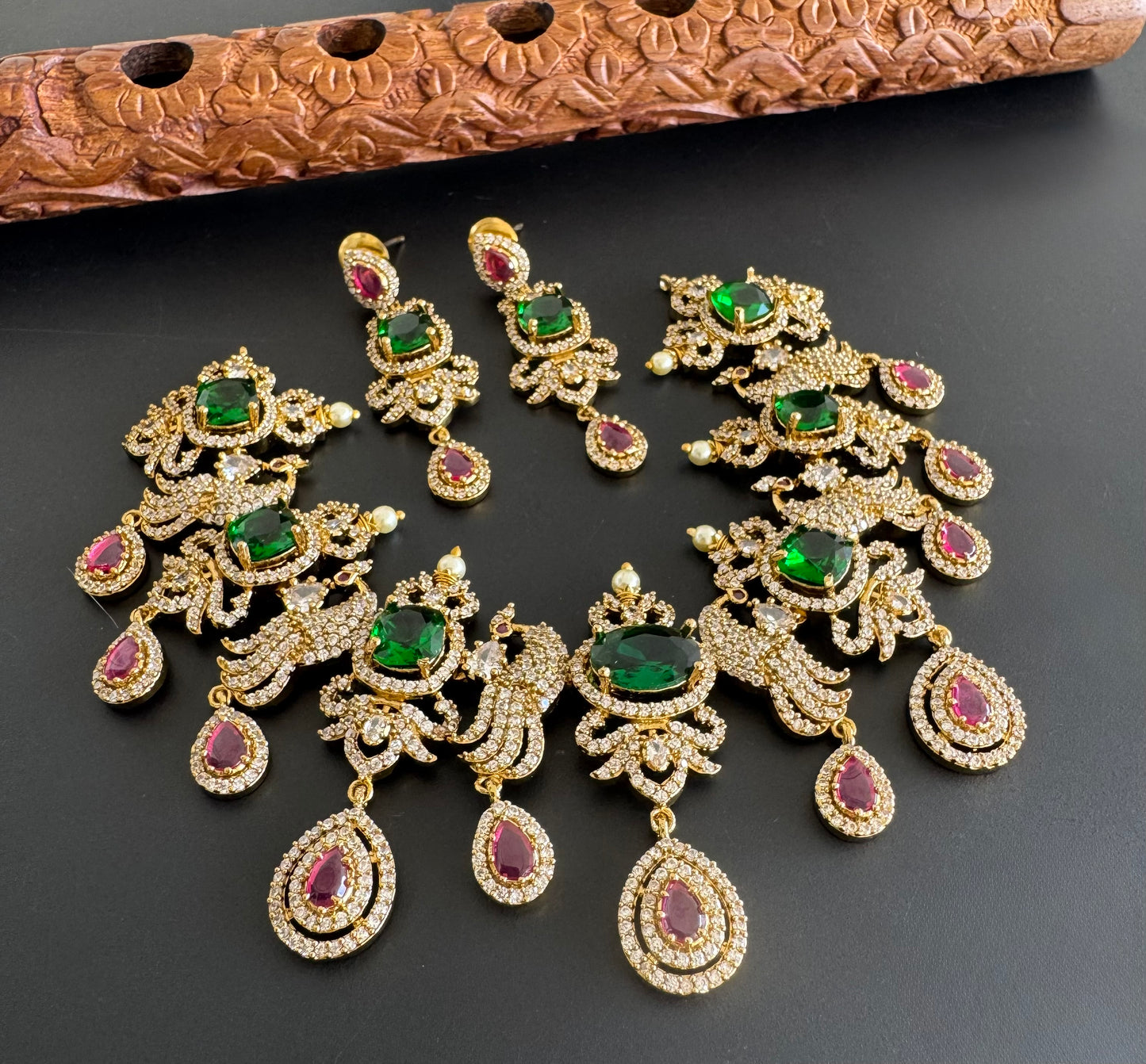 Antique gold tone cz bottle green-pink peacock necklace set dj-51201
