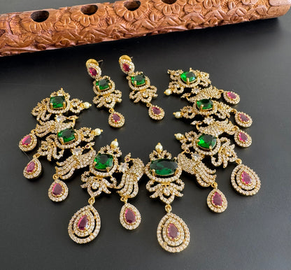 Antique gold tone cz bottle green-pink peacock necklace set dj-51201