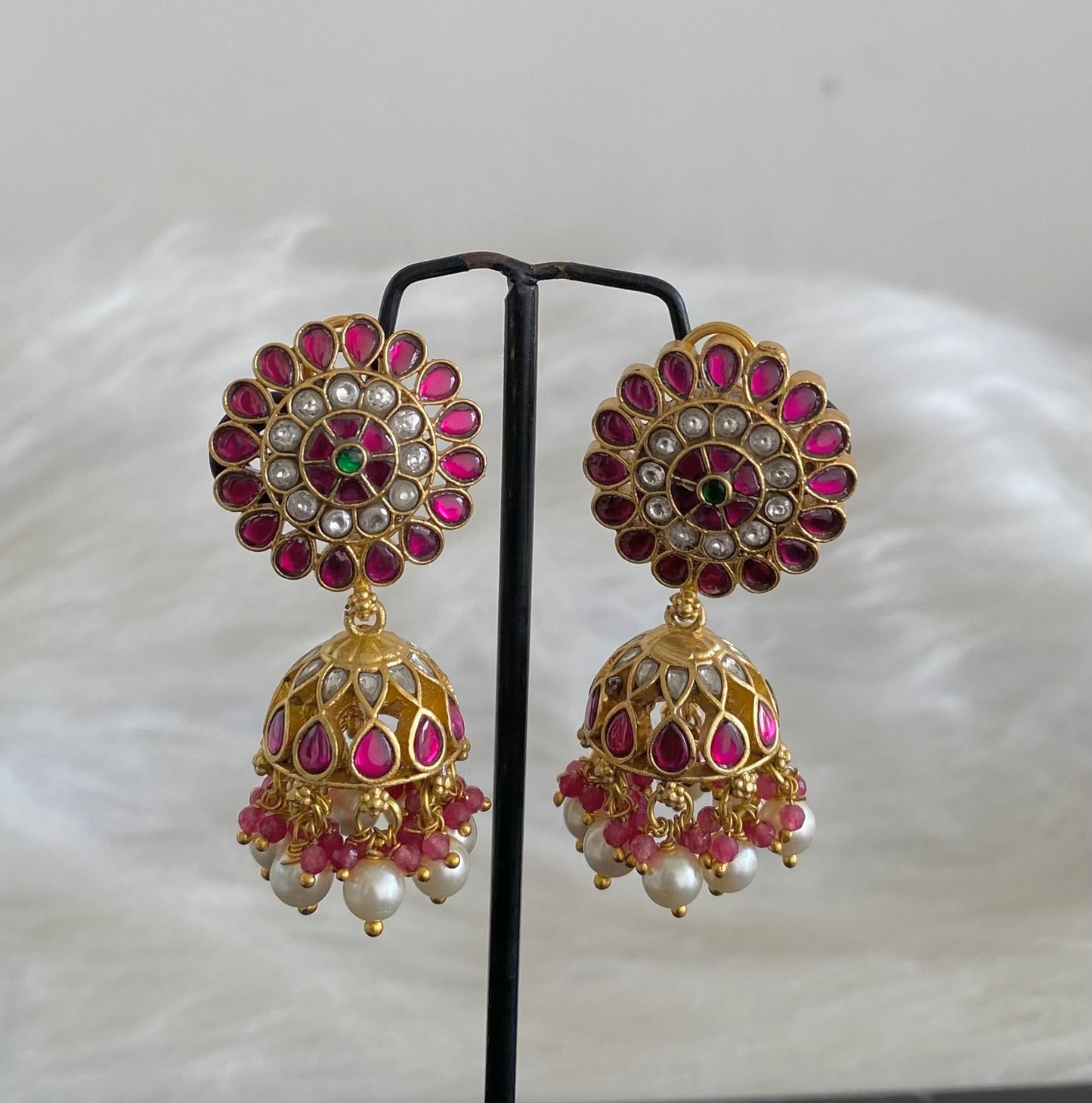 Gold tone kemp-green-white stone kundan jadau pearl jhumkka dj-54588