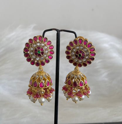Gold tone kemp-green-white stone kundan jadau pearl jhumkka dj-54588