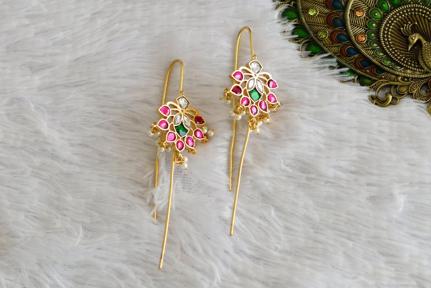 Gold tone pink-green-white kundan jadau flower bugadi needle earrings dj-52459
