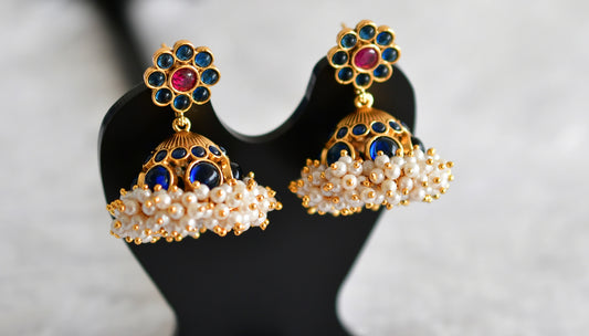 Matte finish kemp-blue pearl cluster flower jhumkka dj-51860