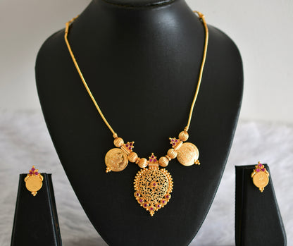 Gold tone kerala style ruby lakshmi coin necklace set dj-52684