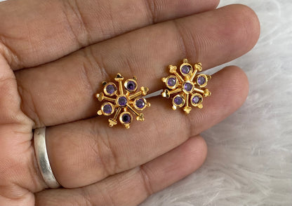 Gold tone purple stone flower stud/earrings dj-54900