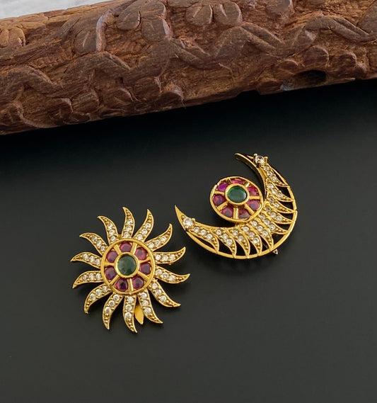 Antique gold tone small kemp-green-white flower sun moon hair jewel dj-53661