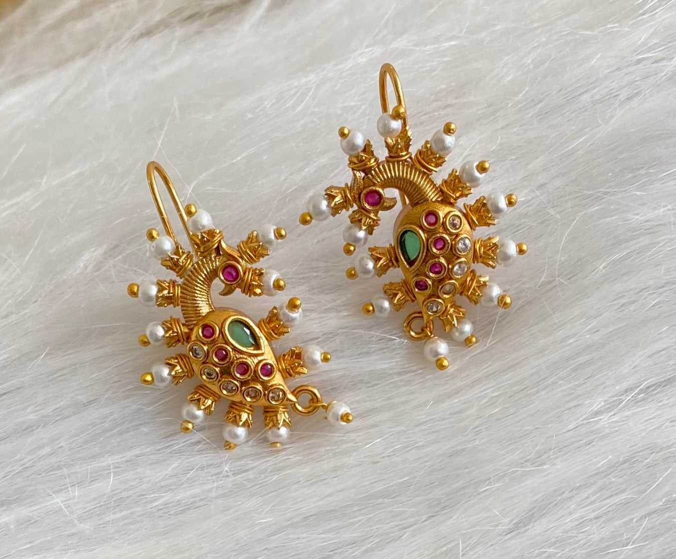 Matte gold pink-white-green stone pearl peacock bugadi earrings dj-53673