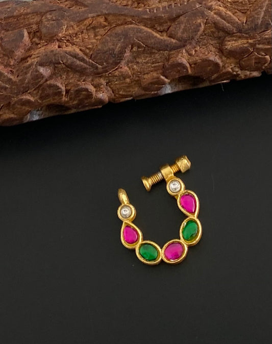 Gold tone kundan jadau pink-green-white stone nose pin dj-53727