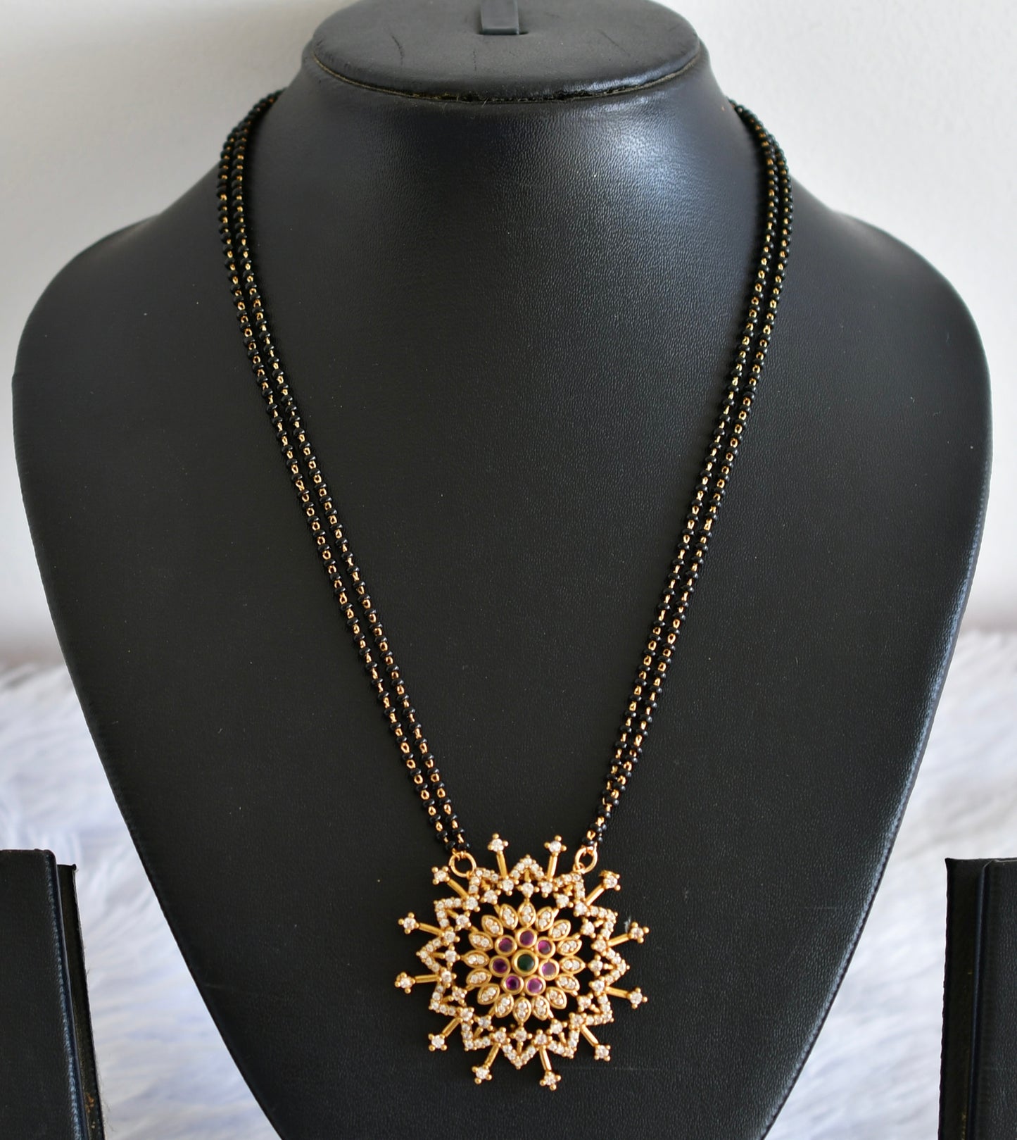 Antique gold tone cz pink-green 18 inches flower mangalsutra set dj-52344