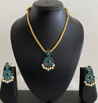 Gold tone AD cerulean blue stone pearl attigai flower necklace set dj-55140