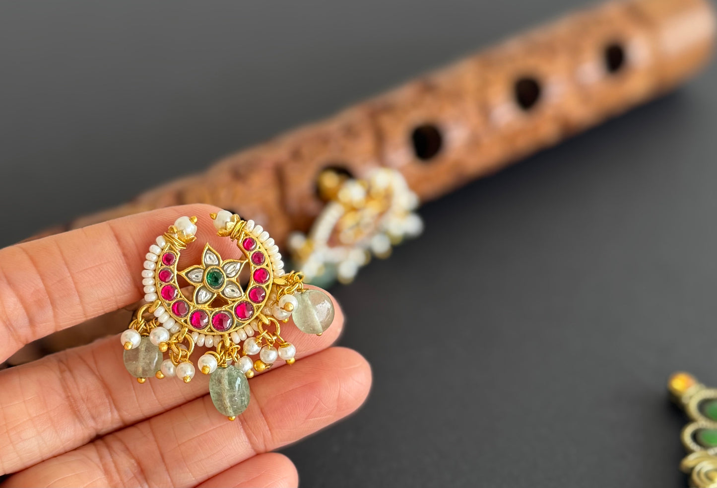 Gold tone pink-white kundan jadau green moon big stud/earrings dj-51502