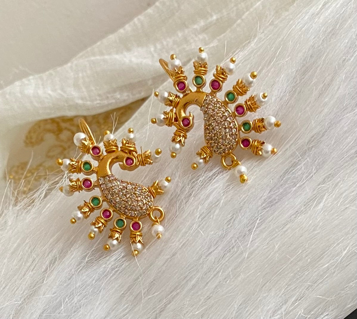 Matte gold white-pink-green stone pearl peacock bugadi earrings dj-53669