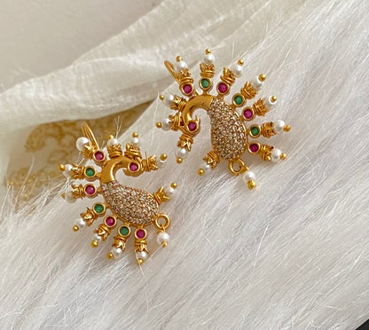 Matte gold white-pink-green stone pearl peacock bugadi earrings dj-53669