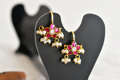 Gold tone pink-white kundan jadau flower bugadi earrings dj-52483