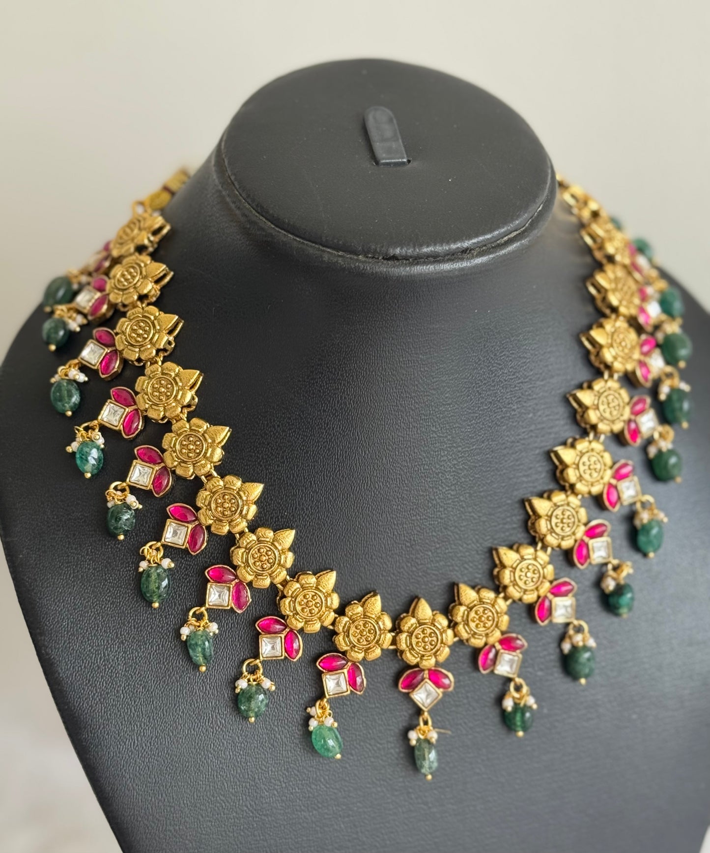 Matte finish pink-green kundan jadau beaded flower necklace set dj-51546
