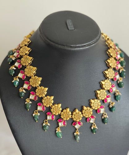 Matte finish pink-green kundan jadau beaded flower necklace set dj-51546