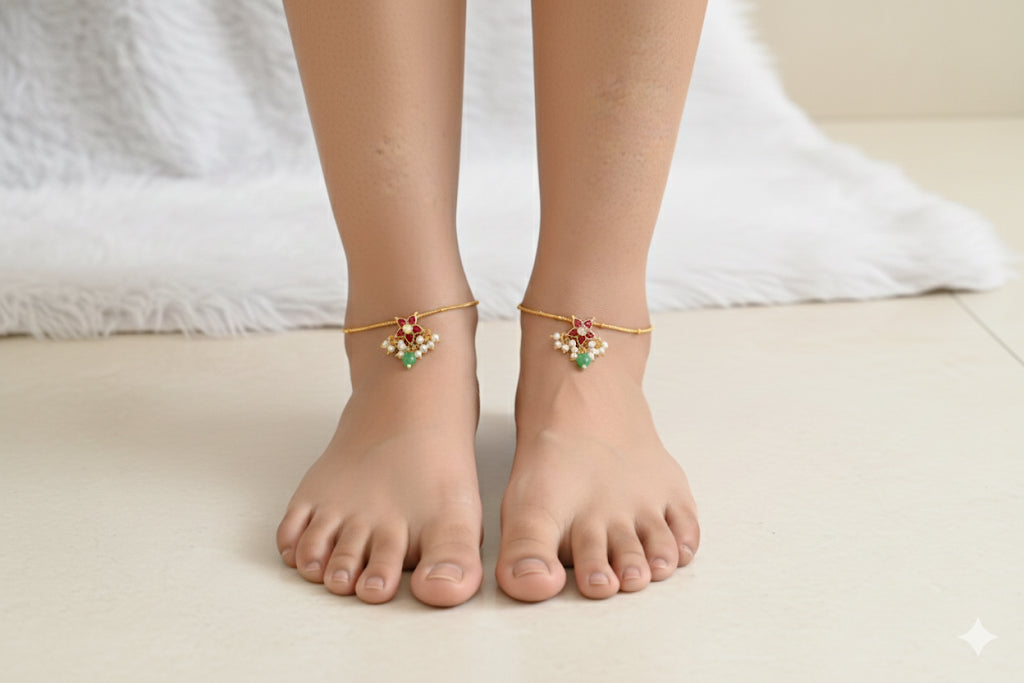 Gold tone pink-green-white flower kundan jadau anklets dj-52392