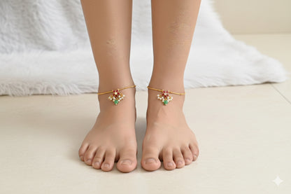 Gold tone pink-green-white flower kundan jadau anklets dj-52392
