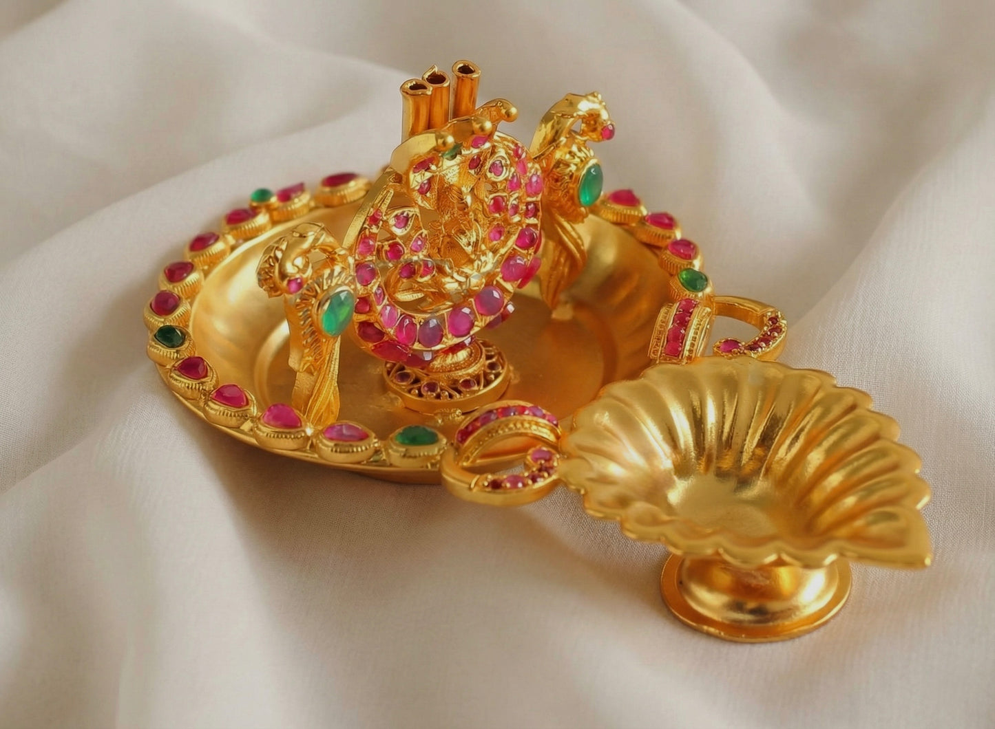Matte Finish Ruby-emerald Lakshmi Diya And Doopa stand - DJ14367