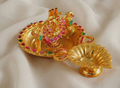 Matte Finish Ruby-emerald Lakshmi Diya And Doopa stand - DJ14367