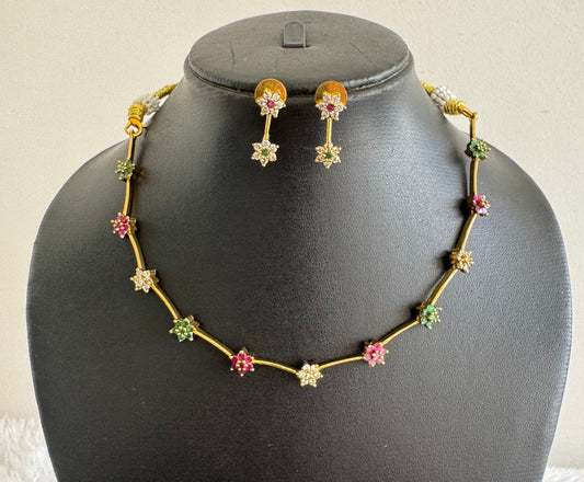 Antique gold tone cz pink-green-white flower necklace set dj-52122