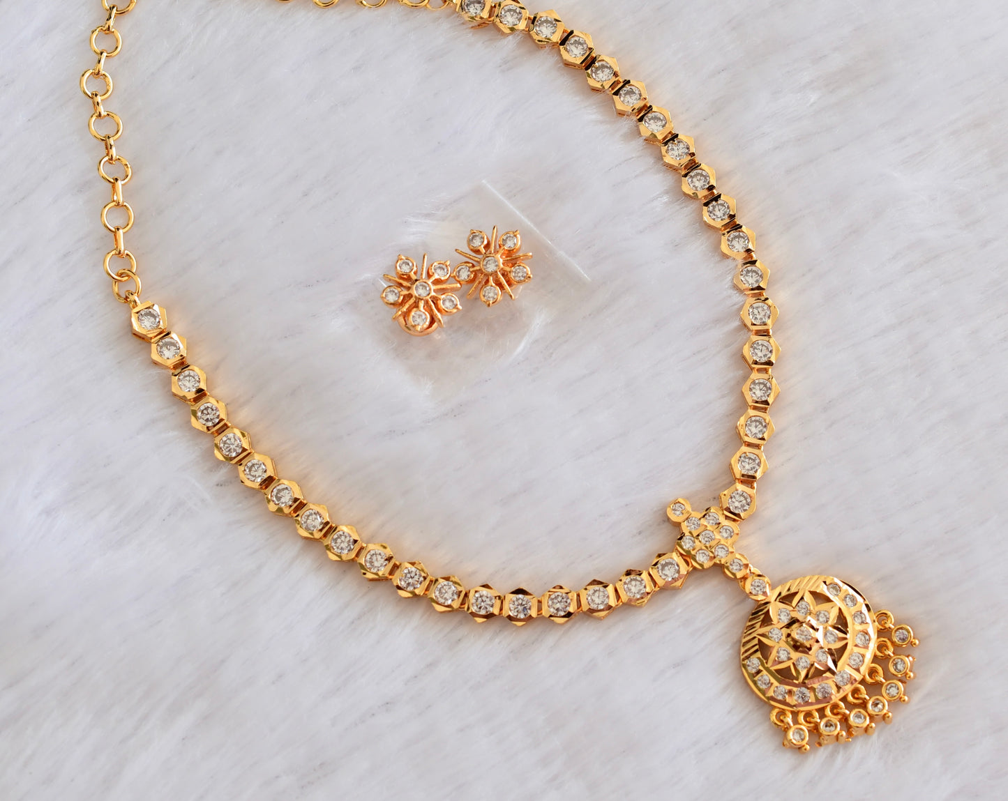 Gold tone AD white stone south Indian necklace set dj-53330