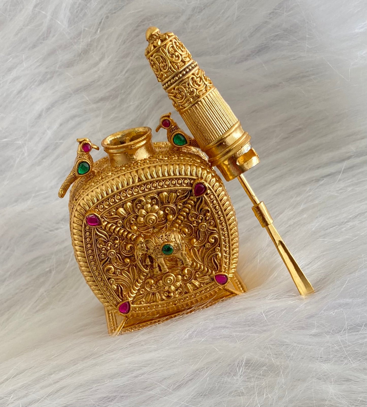 Gold tone pink -green bird elephant kumkum box dj-54222