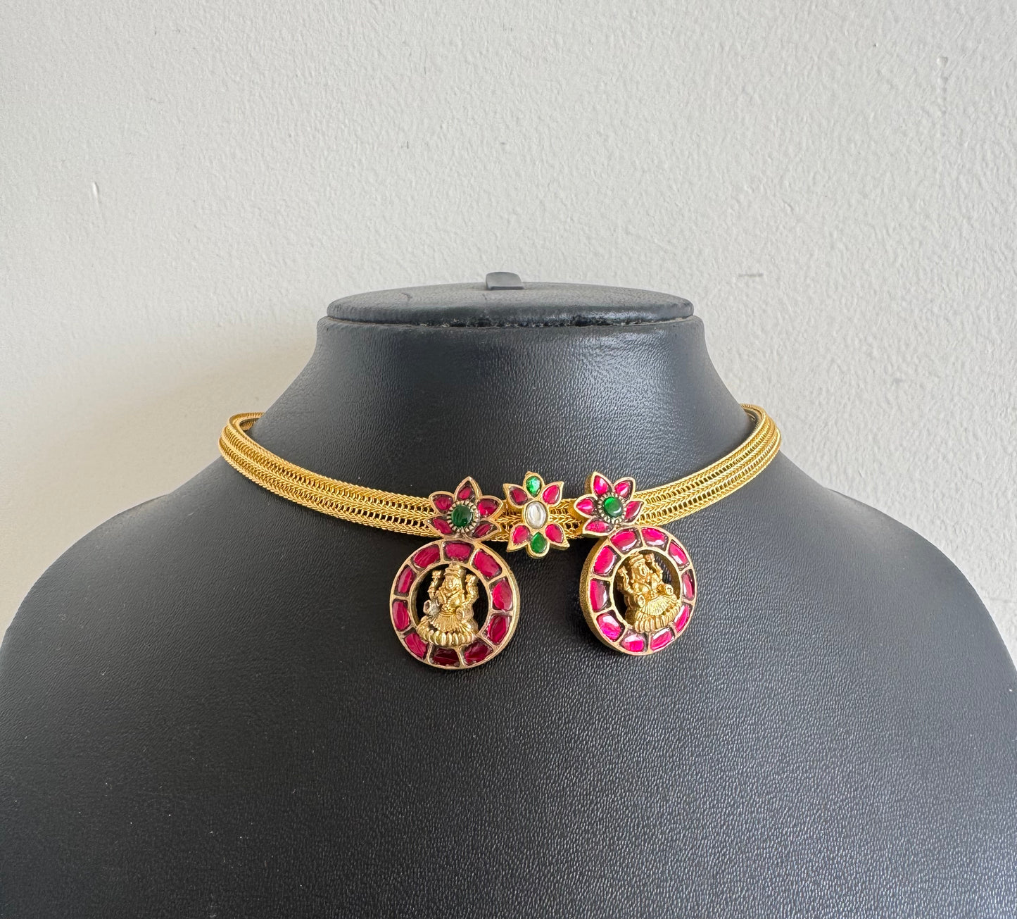 Antique gold tone pink-green kundan jadau Lakshmi necklace dj-35016