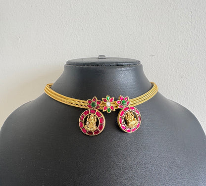 Antique gold tone pink-green kundan jadau Lakshmi necklace dj-35016