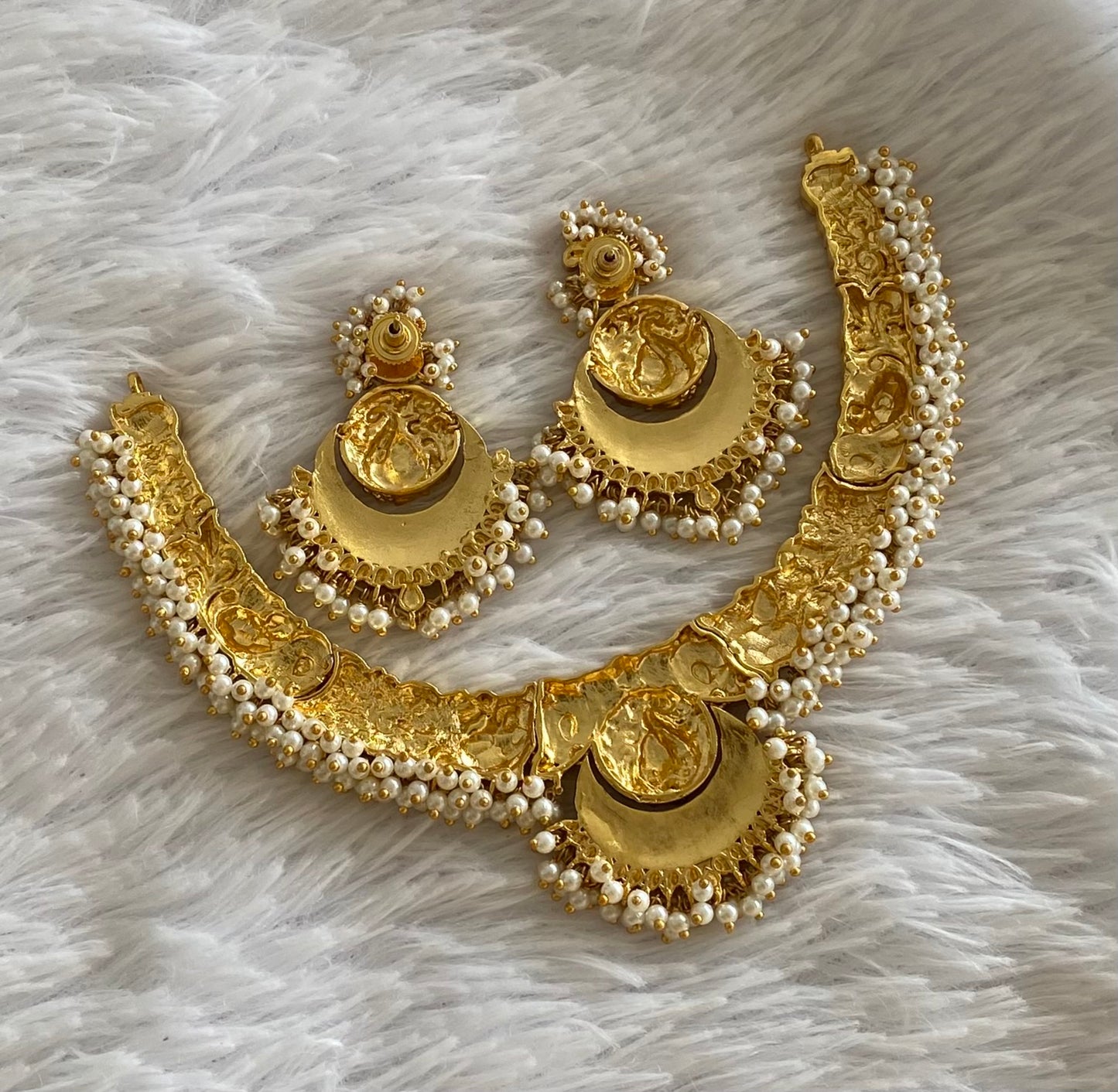 Antique gold tone pink-green-white pearl cluster kundan jadau necklace set dj-54430