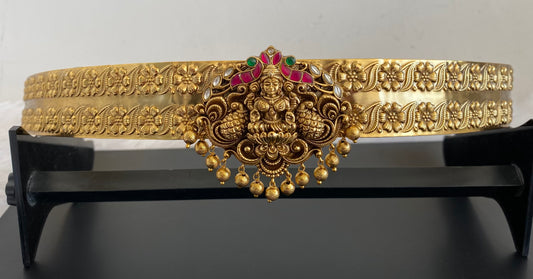 Antique gold tone pink-green kundan jadau lakshmi waist band dj-50402