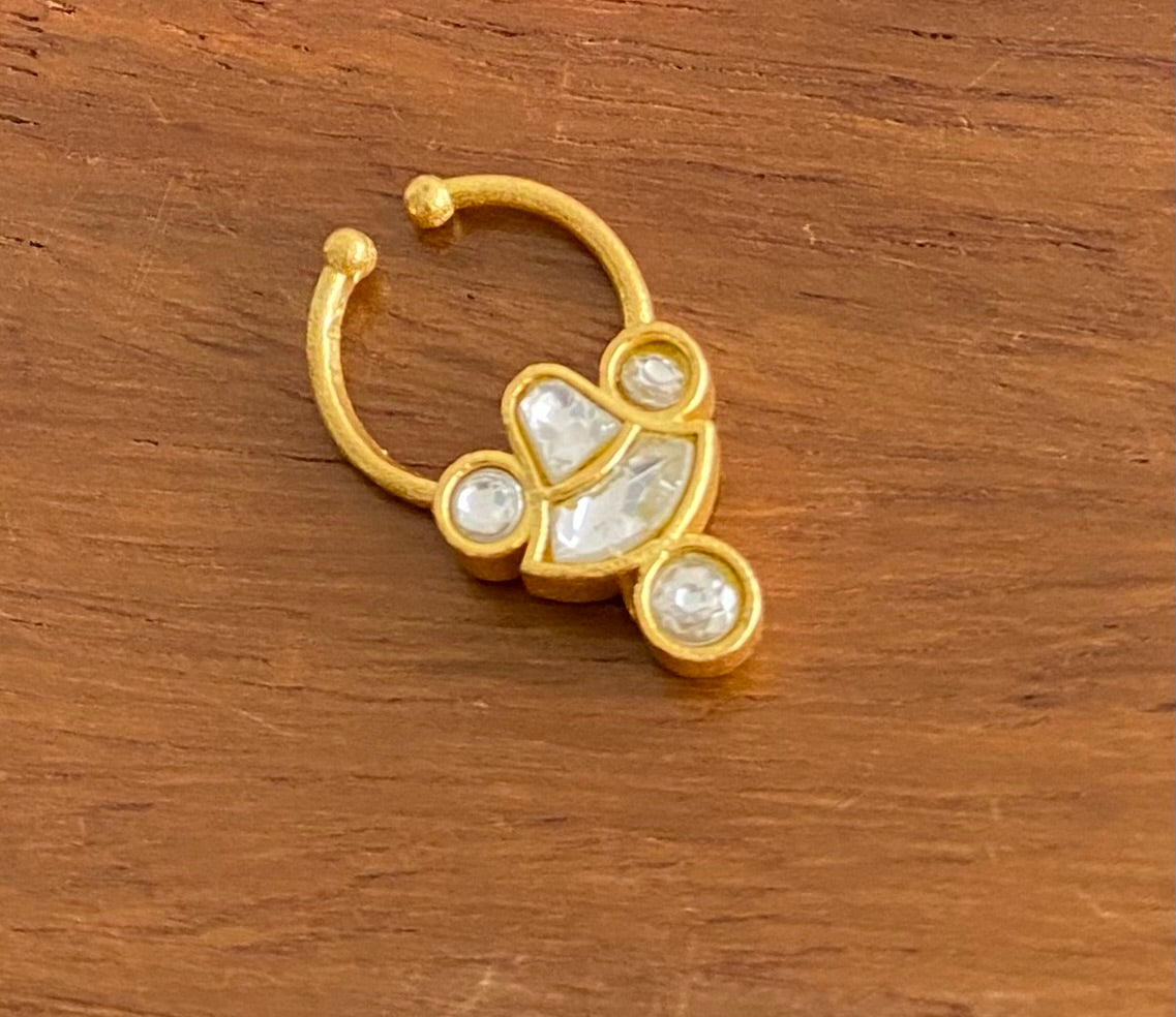 Gold tone kundan jadau white stone nose pin/bulakku dj-53768